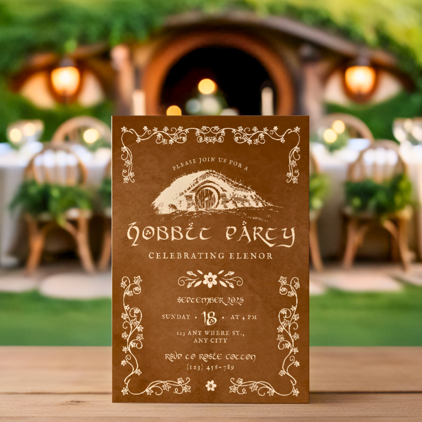 Hobbit Party Invitation Template, Tolkien-inspired, rings of power, LOTR, Fantasy-Themed Party, Edit in Canva, Cottage Nature Party