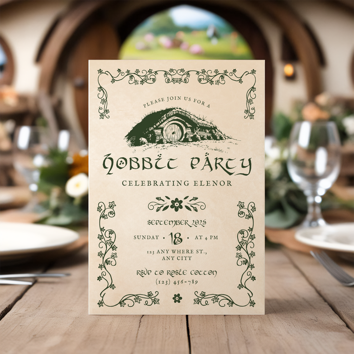 Hobbit Party Invitation Template, Tolkien-inspired, rings of power, LOTR, Fantasy-Themed Party, Edit in Canva, Cottage Nature Party