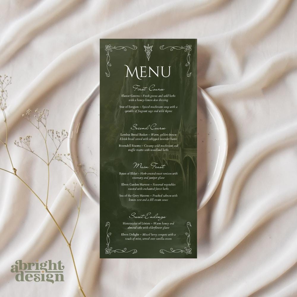 menu template, whimsical fantasy-inspired wedding pack, elvish wedding, lotr wedding