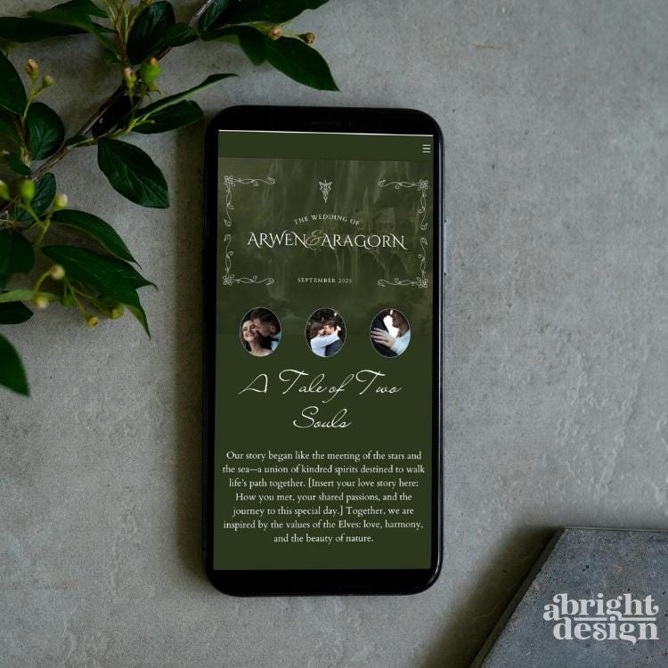 mobile website template, whimsical fantasy-inspired wedding pack, elvish wedding, lotr wedding