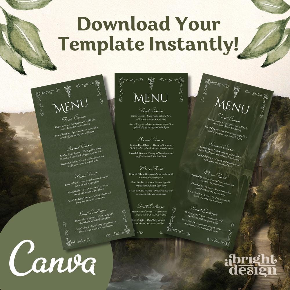 Elvish Wedding Menu Template, Tolkien-inspired, rings of power, LOTR, Fantasy-Themed Wedding, Edit in Canva, Celtic Nature Wedding