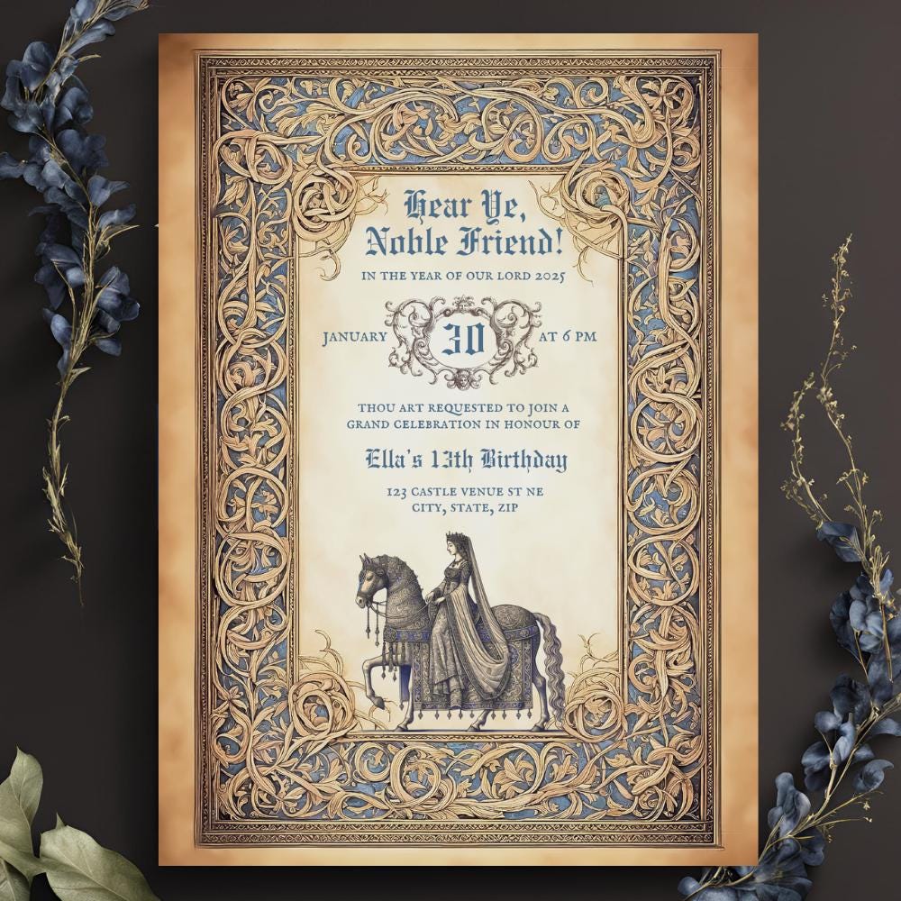 Medieval Birthday Invitation, 5x7" Printable Invitation, Knight & Lady Versions, fantasy celebration, medieval festival, ren fair, dnd
