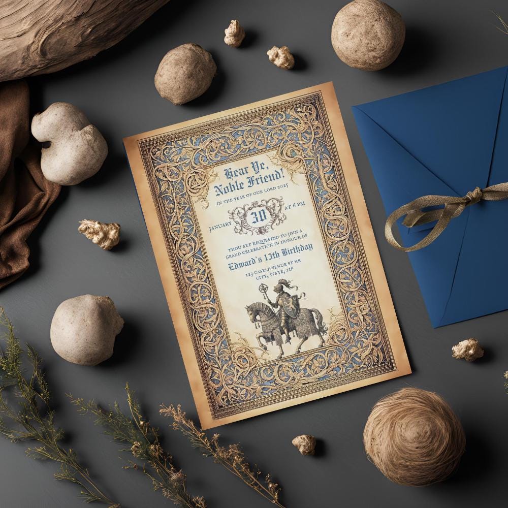Medieval Birthday Invitation, 5x7" Printable Invitation, Knight & Lady Versions, fantasy celebration, medieval festival, ren fair, dnd