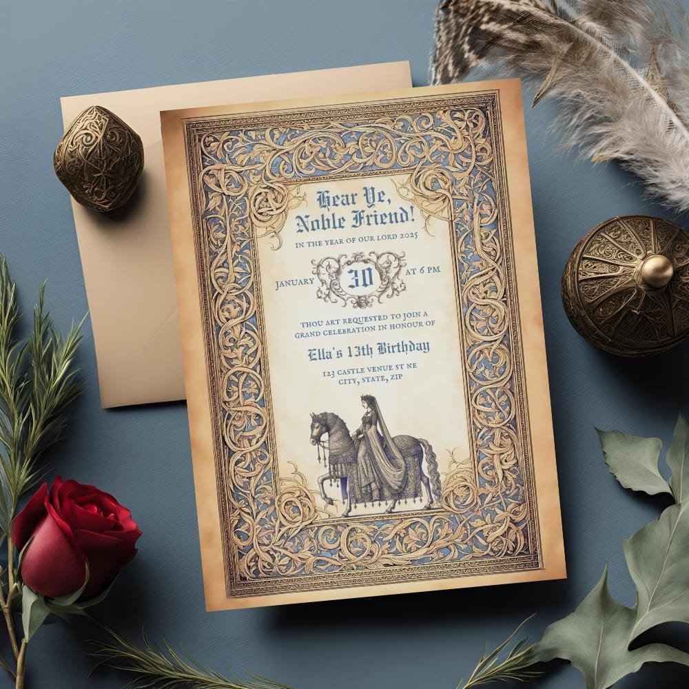 Medieval Birthday Invitation, 5x7" Printable Invitation, Knight & Lady Versions, fantasy celebration, medieval festival, ren fair, dnd