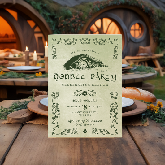 Hobbit Party Invitation Template, Tolkien-inspired, rings of power, LOTR, Fantasy-Themed Party, Edit in Canva, Cottage Nature Party