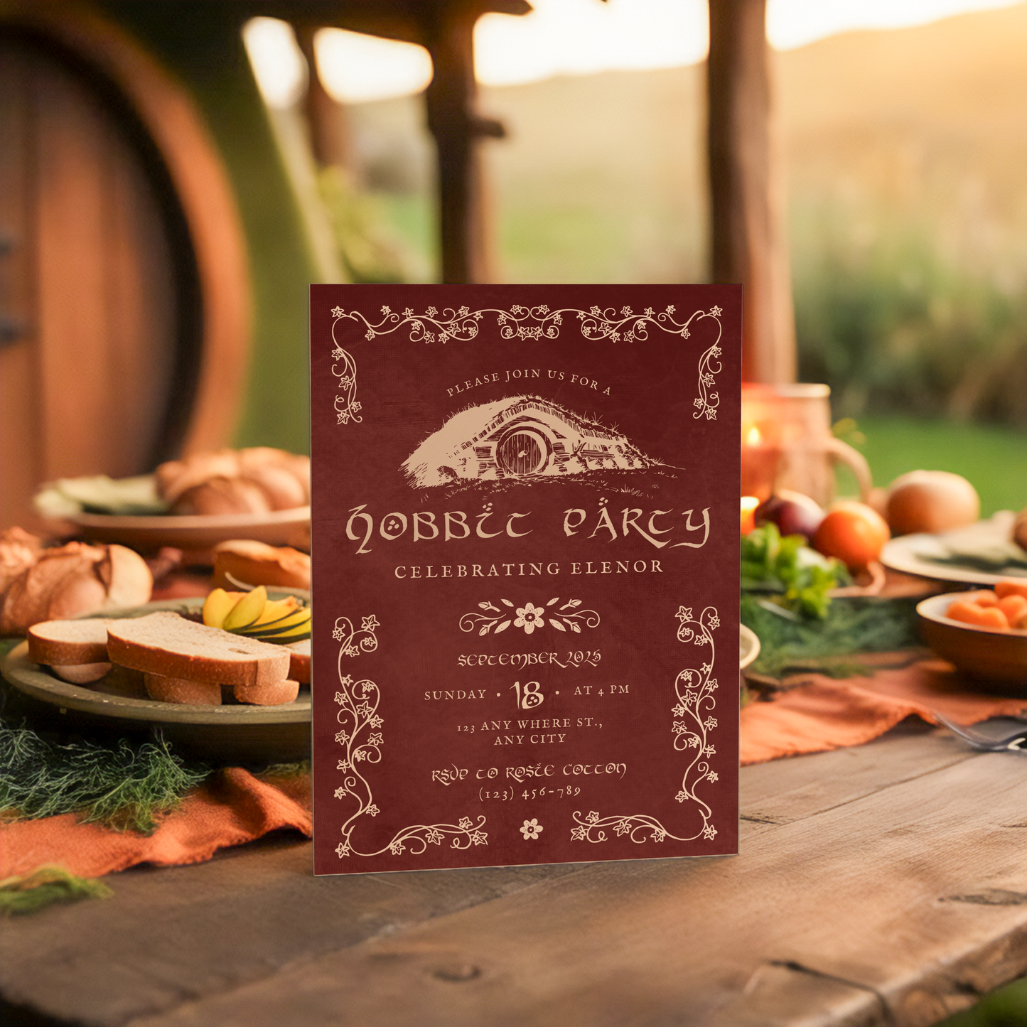 Hobbit Party Invitation Template, Tolkien-inspired, rings of power, LOTR, Fantasy-Themed Party, Edit in Canva, Cottage Nature Party