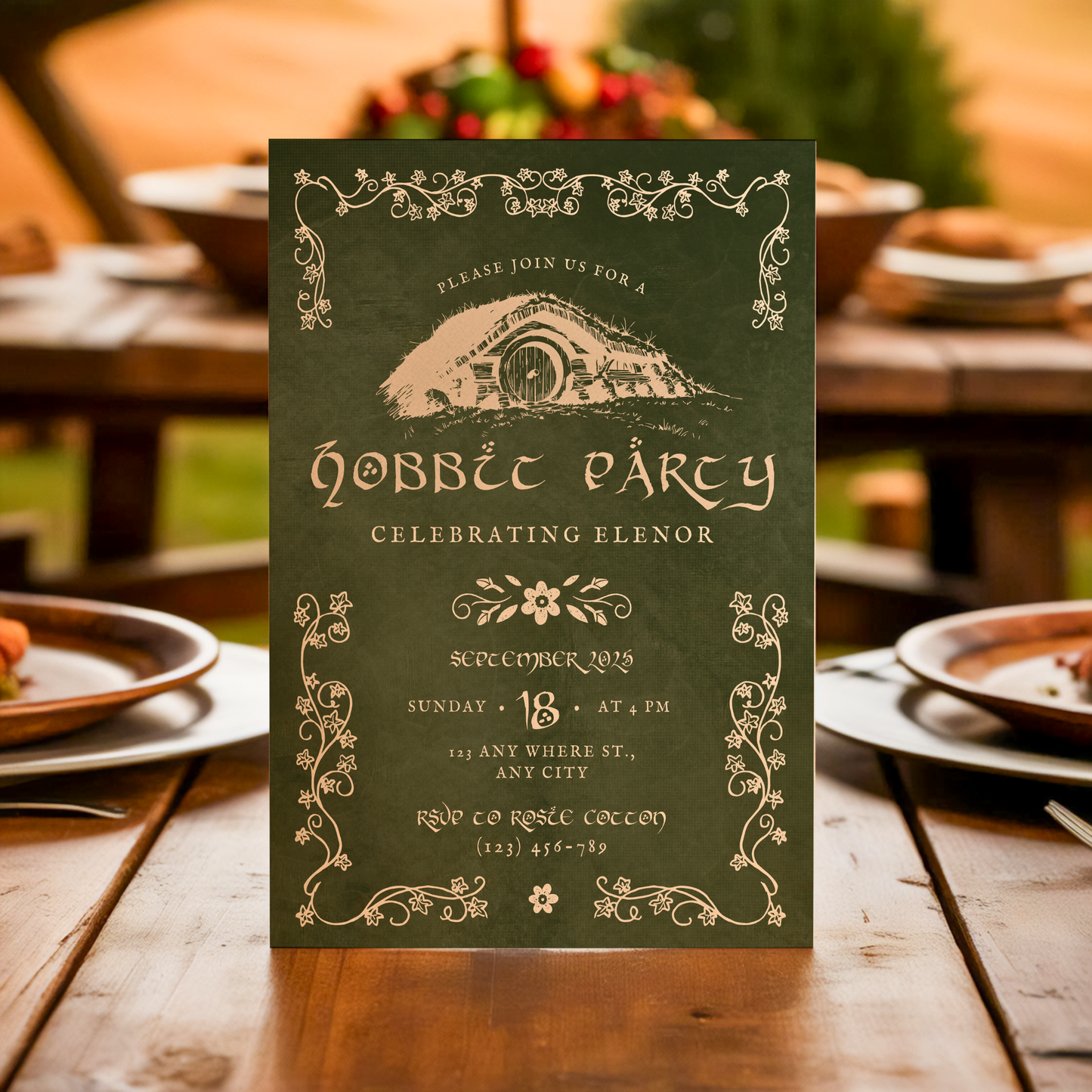 Hobbit Party Invitation Template, Tolkien-inspired, rings of power, LOTR, Fantasy-Themed Party, Edit in Canva, Cottage Nature Party