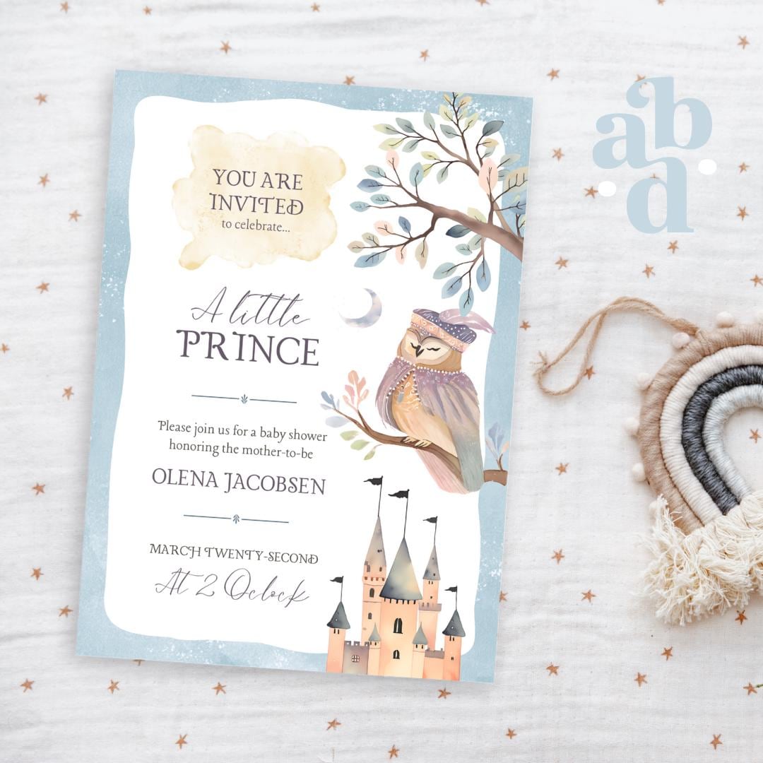 Fairytale Owl Baby Shower Invitation Template, Fantasy-inspired, cute watercolor, boho baby shower, colorful gender-neutral baby shower by A. Bright Design Studio