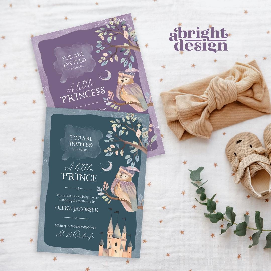 Fairytale Owl Baby Shower Invitation Template, Fantasy-inspired, cute watercolor, boho baby shower, colorful gender-neutral baby shower by A. Bright Design Studio