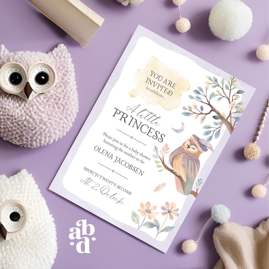 Fairytale Owl Baby Shower Invitation Template, Fantasy-inspired, cute watercolor, boho baby shower, colorful gender-neutral baby shower by A. Bright Design Studio