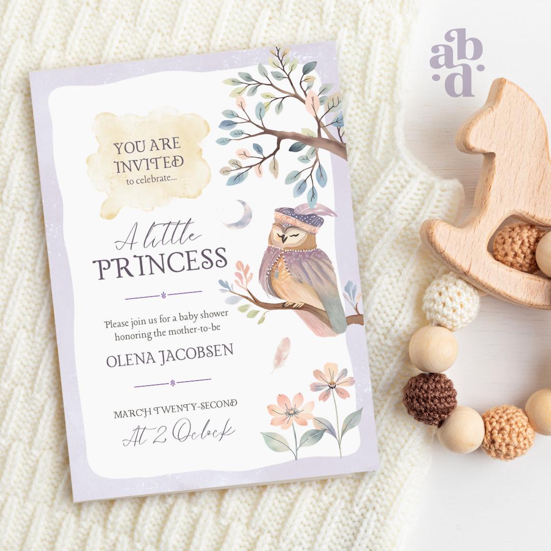 Fairytale Owl Baby Shower Invitation Template, Fantasy-inspired, cute watercolor, boho baby shower, colorful gender-neutral baby shower by A. Bright Design Studio