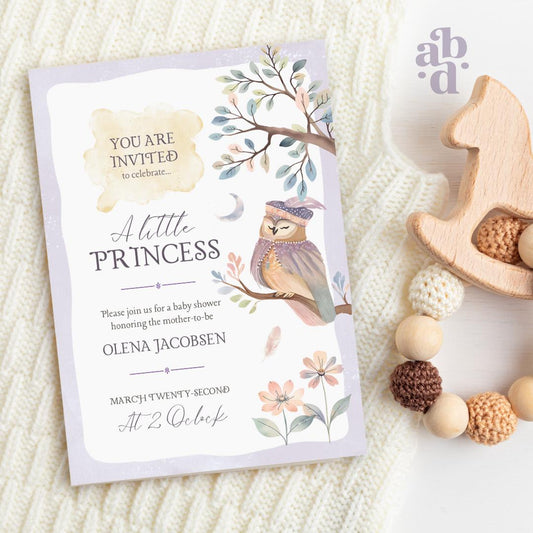 Fairytale Owl Baby Shower Invitation Template, Fantasy-inspired, cute watercolor, boho baby shower, colorful gender-neutral baby shower by A. Bright Design Studio