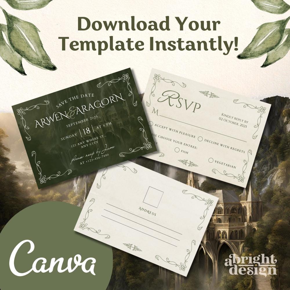 Elvish Wedding RSVP Card Template, Tolkien-inspired, rings of power, LOTR, Fantasy-Themed Wedding, Edit in Canva, Celtic Nature Wedding