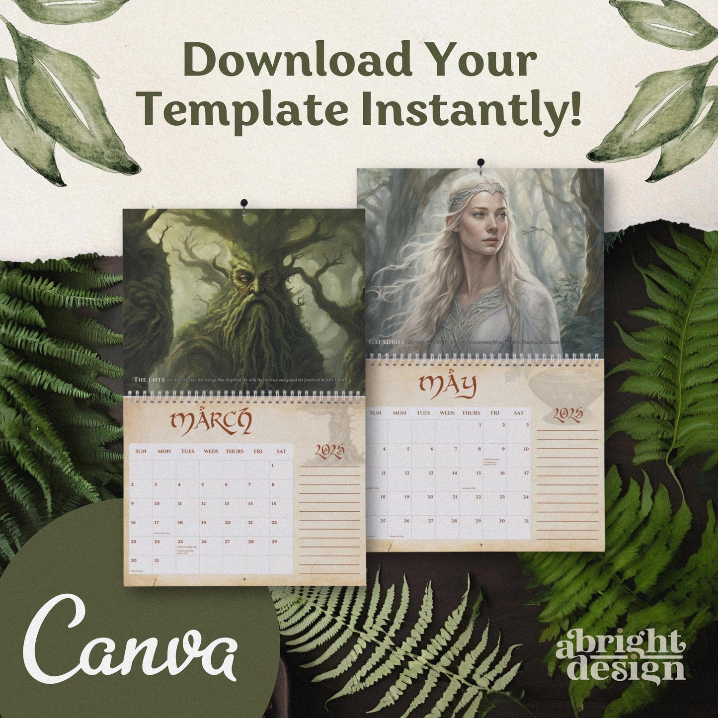 Middle Earth Lore Calendar 2025, Tolkien-inspired Calendar, Rings of Power, The Lord of the Rings, Fantasy-Themed Calendar, Edit in Canva