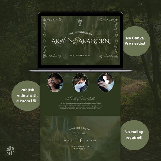 Elvish Wedding Website Template, Tolkien-inspired, rings of power, LOTR, Fantasy-Themed Wedding, Edit in Canva, Celtic Nature Wedding