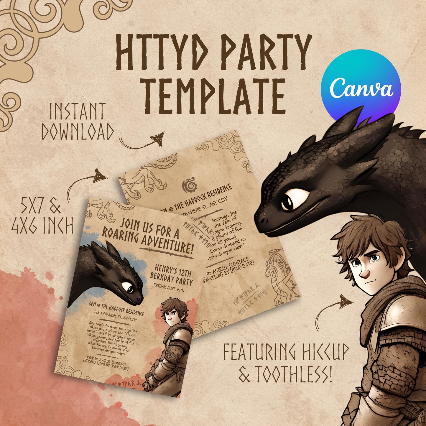 How to Train Your Dragon Birthday Invitation | Editable Canva Template | HTTYD Party Invite | 5x7" & 4x6" Printable | Instant Download