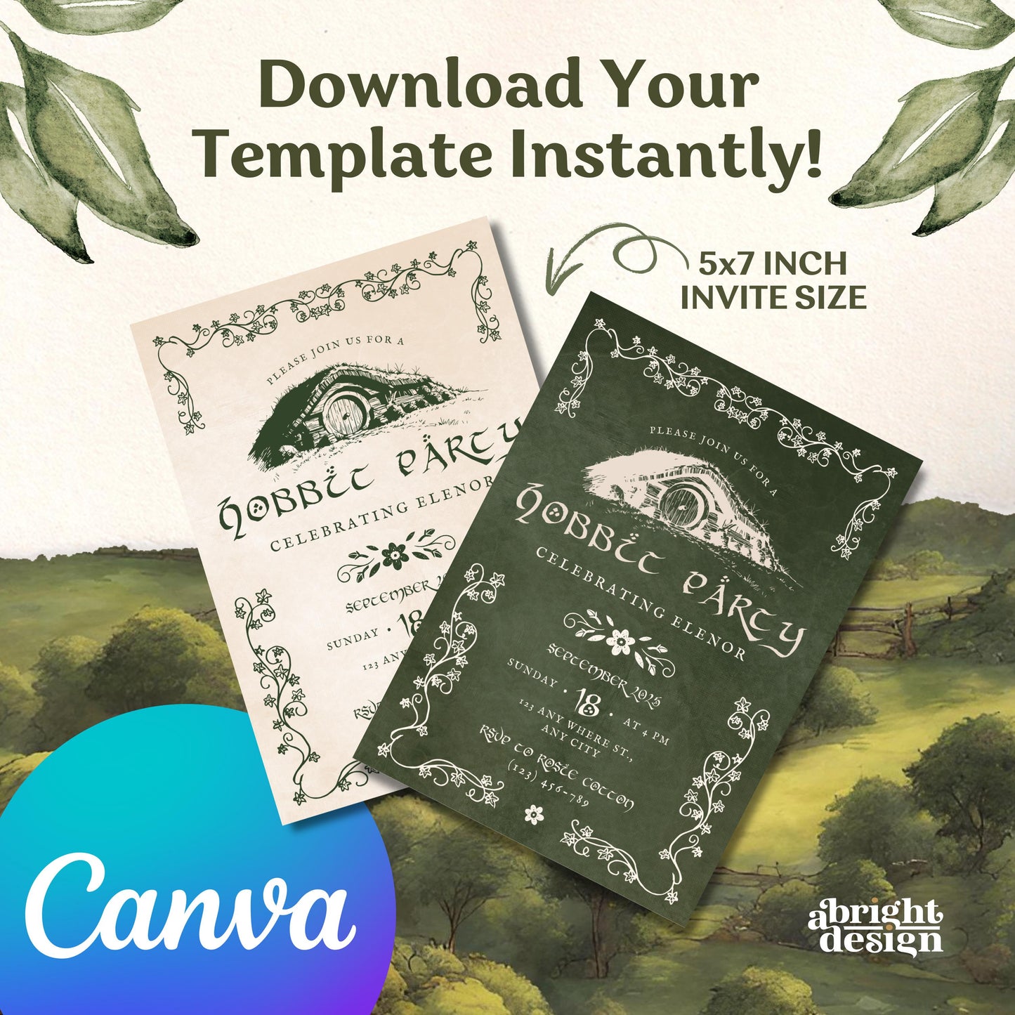 Hobbit Party Invitation Template, Tolkien-inspired, rings of power, LOTR, Fantasy-Themed Party, Edit in Canva, Cottage Nature Party